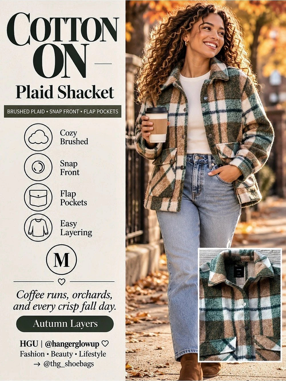 Cotton On Plaid Shacket Olive Green Camel Cream Snap Shirt Jacket M
